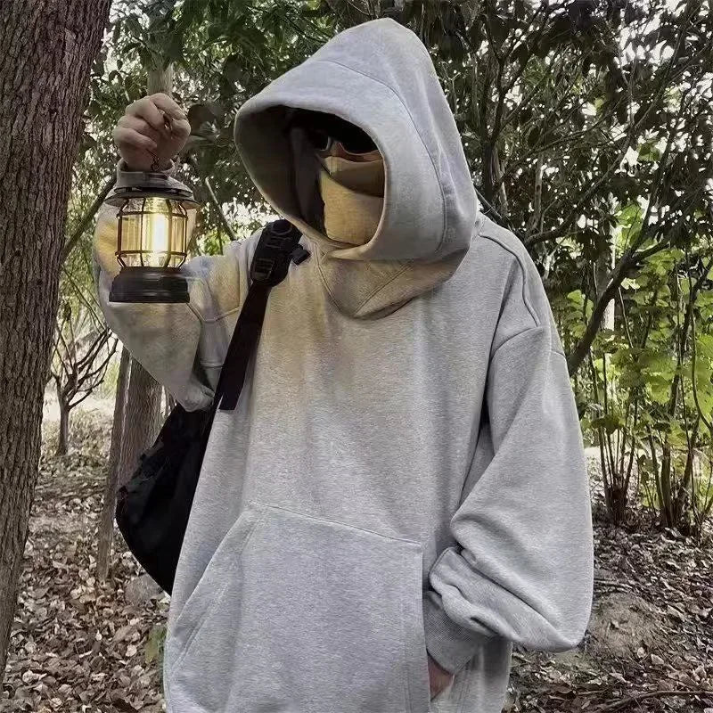 Ninja Hettegenser for Menn – Ensfarget Y2K Hoodie med Høy Hals | Oversized Streetwear i Fleece for Høst og Vinter