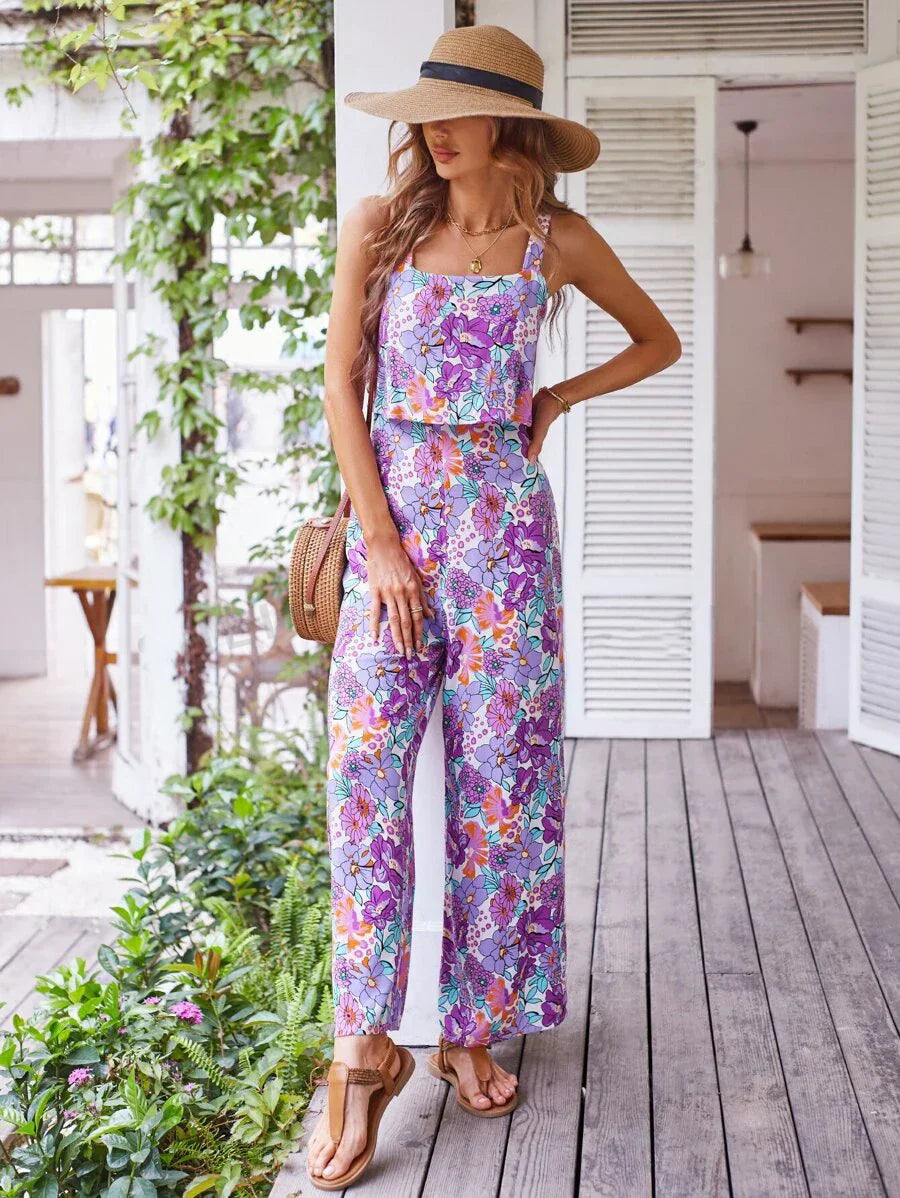 Jumpsuit med vide ben og blomster