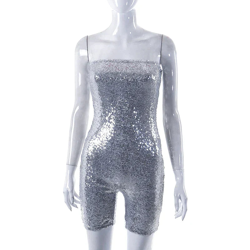 Glitrende paljettjumpsuit med stroppeløs modell