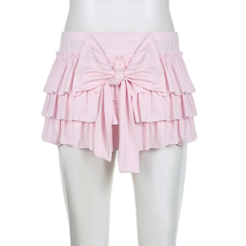 Shorts med volang og sløyfedetaljer i sateng