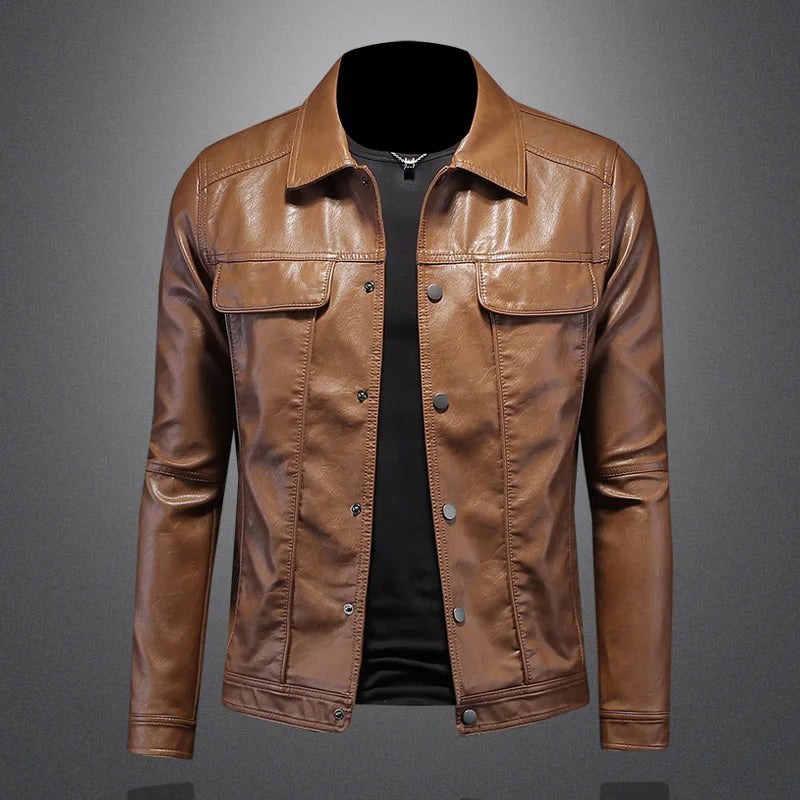 Stilren Herre Skinnjakke med Krage – Slim Fit Motorsykkeldesign i Ensfarget Look (M–5XL)