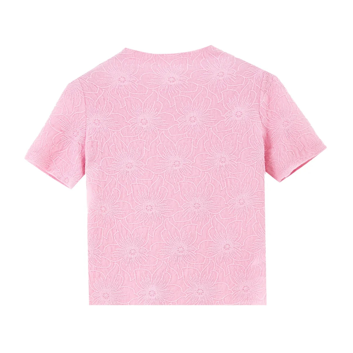 Rosa Strikket Topp til Dame – Floral Jacquard med Mock Neck og Slim Fit