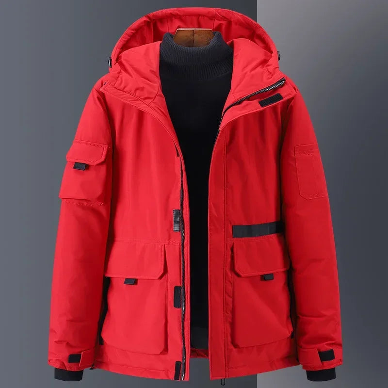 Herre Dunjakke – 100% Hvit Andedun | Varm Parkas med Hette & Designerstil