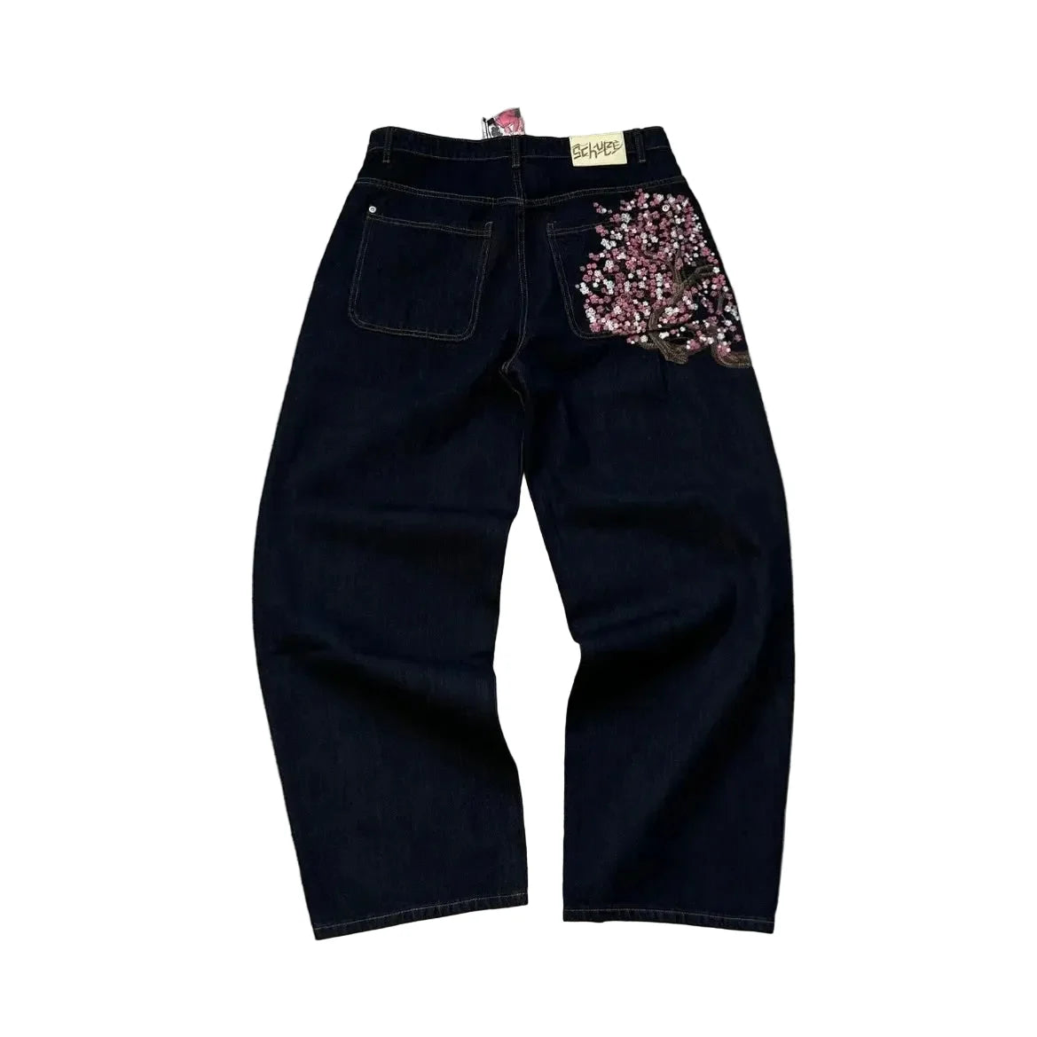 Y2K Hip-Hop Jeans for Menn – Broderte Lave Wide Leg Bukser med Glidelås | Retro Streetwear i Løs Passform med Gullmynt-detaljer – 1