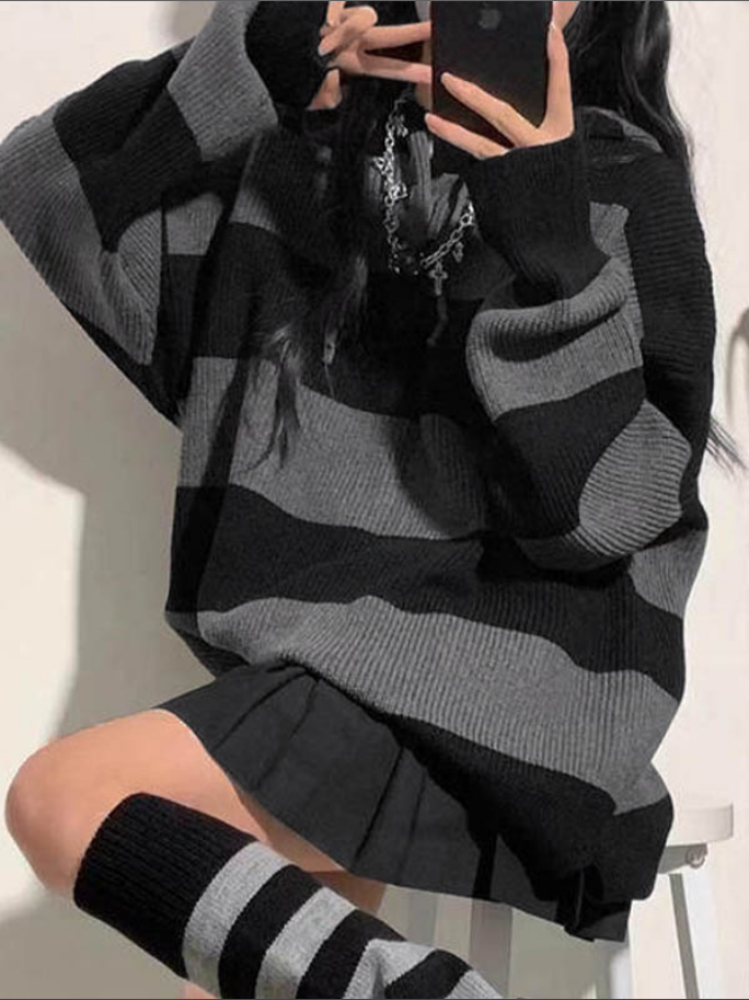 Stripe Splice-genser med hette i baggy strikk