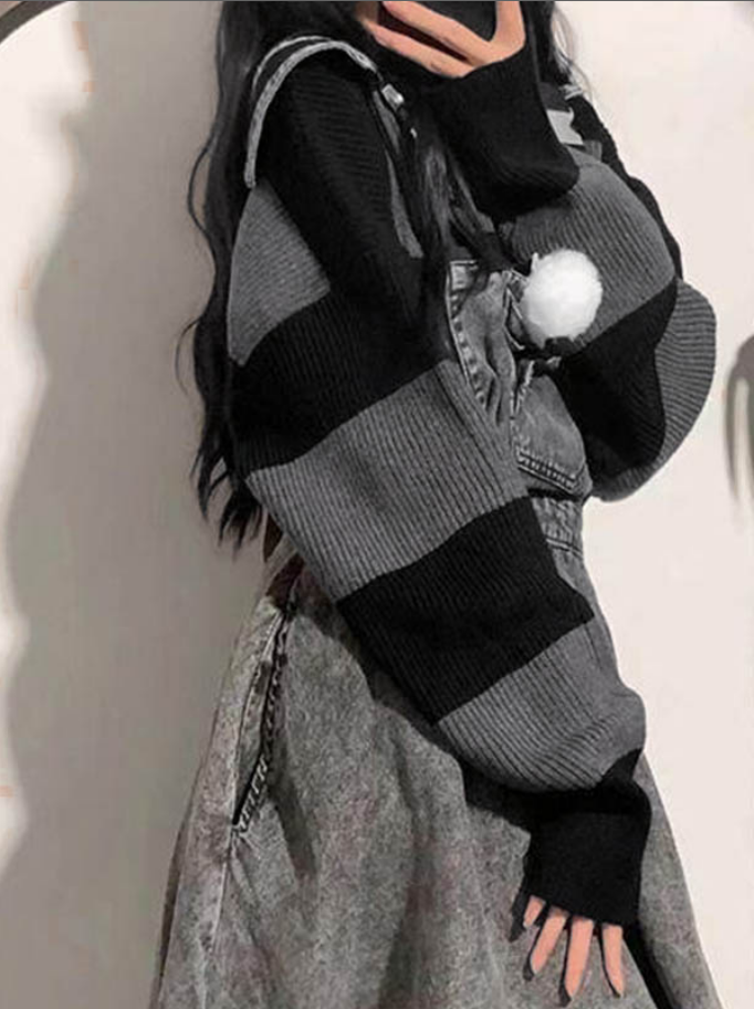 Stripe Splice-genser med hette i baggy strikk