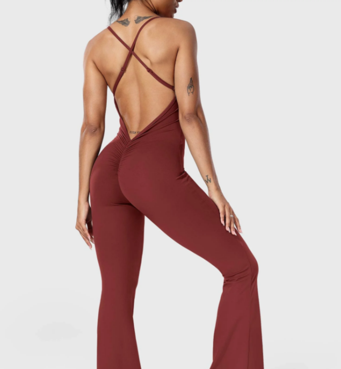 Bodycon rompers med lange flare-bukser, kryssende rygg og åpen rygg