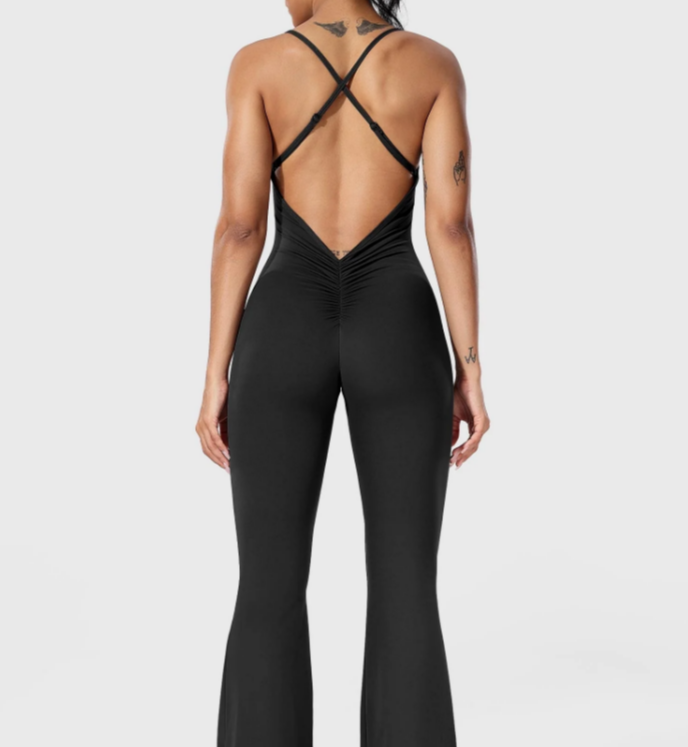 Bodycon rompers med lange flare-bukser, kryssende rygg og åpen rygg