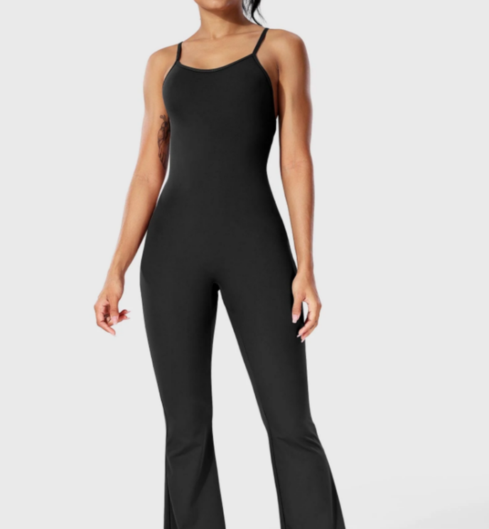 Bodycon rompers med lange flare-bukser, kryssende rygg og åpen rygg