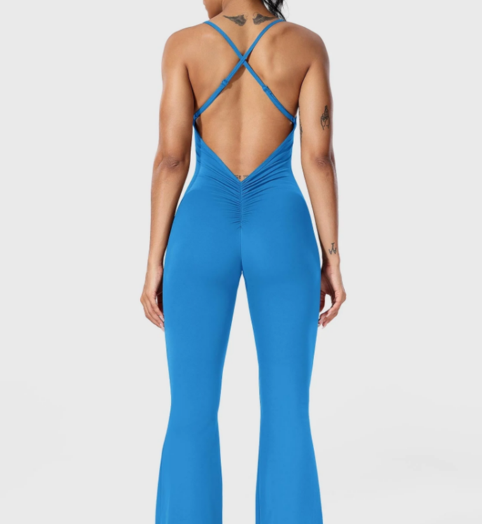Bodycon rompers med lange flare-bukser, kryssende rygg og åpen rygg