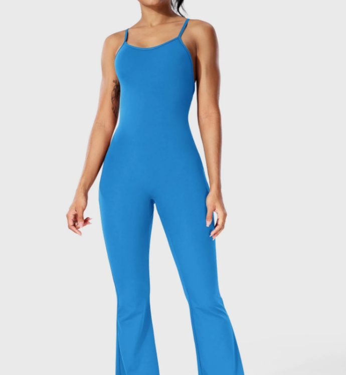 Bodycon rompers med lange flare-bukser, kryssende rygg og åpen rygg