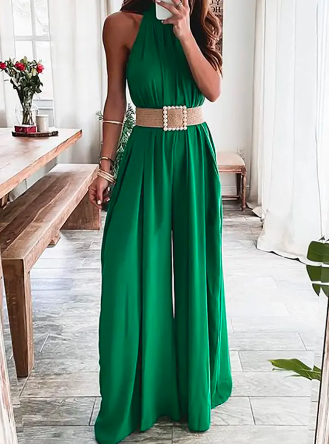 Ermeløs halterneck ensfarget, uformell jumpsuit