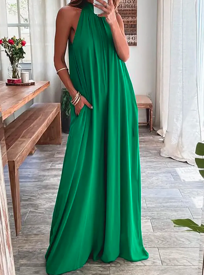 Ermeløs halterneck ensfarget, uformell jumpsuit