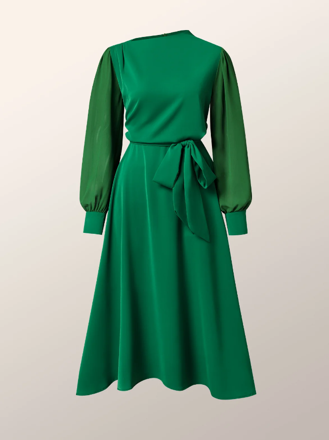 Elegant, regular fit ensfarget langermet midi-kjole