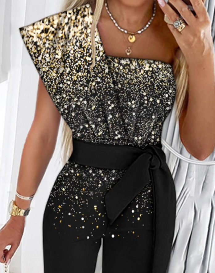 En skulder paljettert elegant jumpsuit