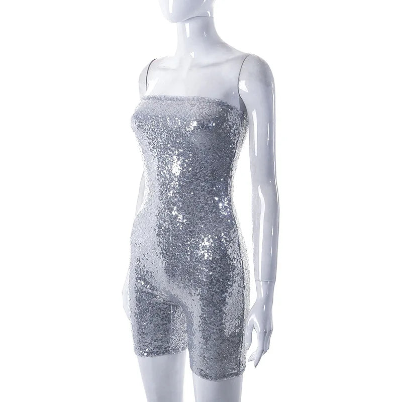 Glitrende paljettjumpsuit med stroppeløs modell