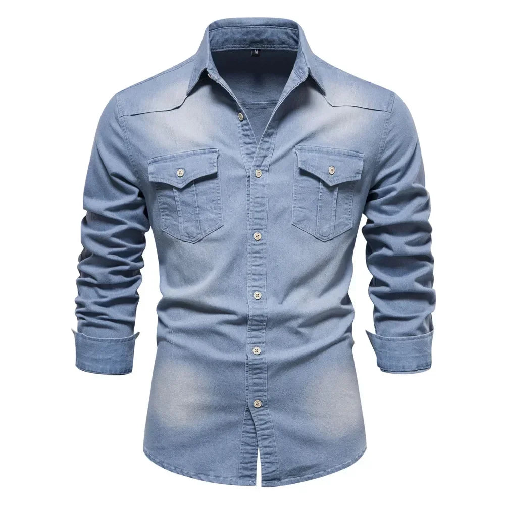 Slim Fit Denimskjorte for Herre – Elastisk Bomull og Klassisk Cowboy-stil med Moderne Passform