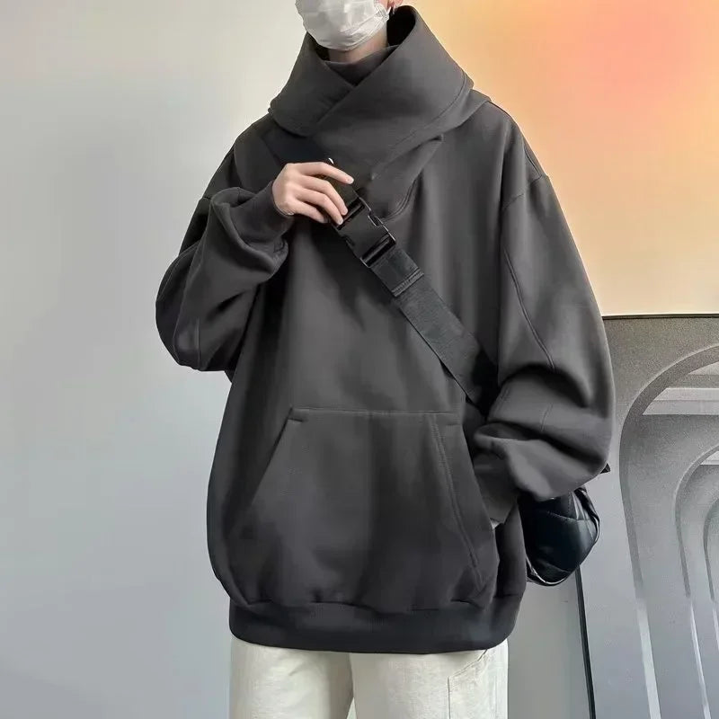 Ninja Hettegenser for Menn – Ensfarget Y2K Hoodie med Høy Hals | Oversized Streetwear i Fleece for Høst og Vinter