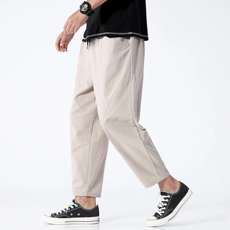 Trendy Herrebukser i 100% Bomull – Japanskinspirert, Løs Passform og Cropped Lengde (opptil 5XL)