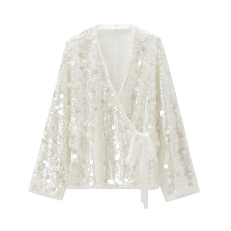 Paljett Kimono for Dame – Elegant V-hals Jakke med Lange Ermer | Glamorøs & Løs Passform til Høst og Fest