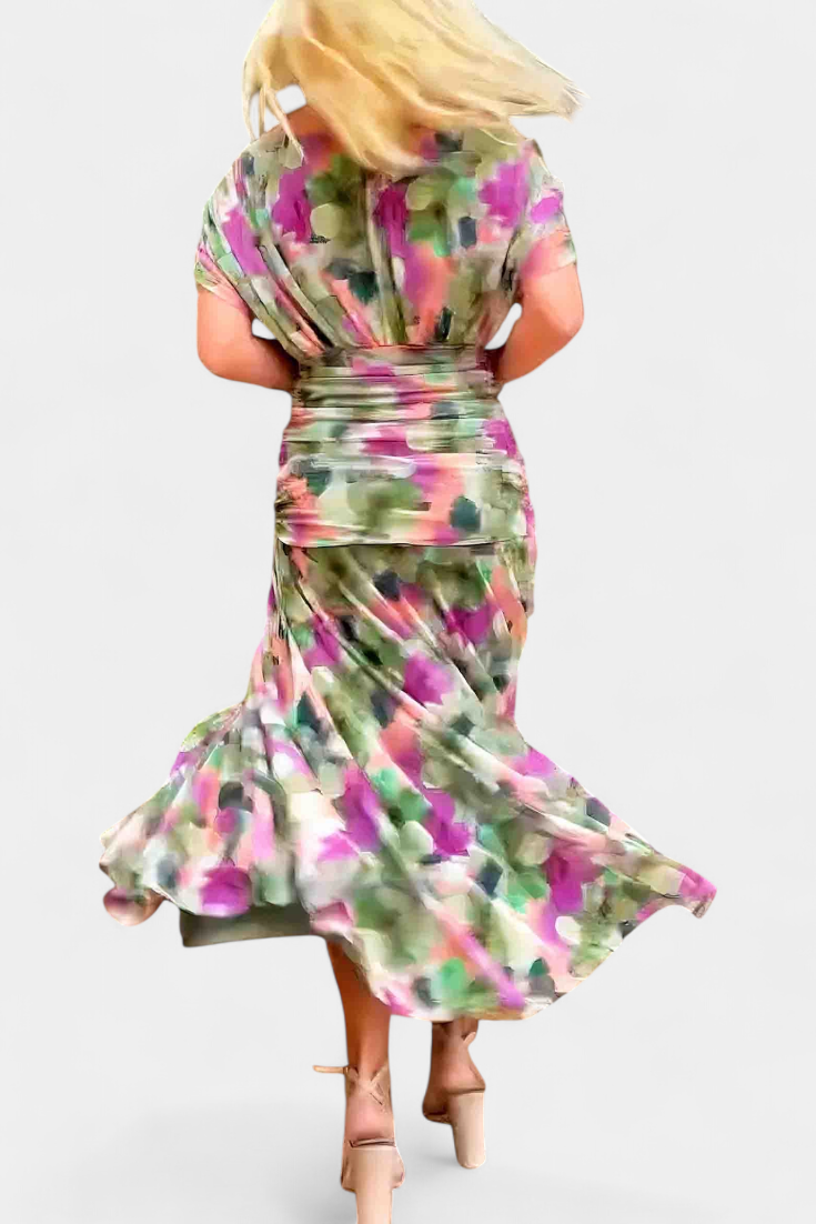 Selene | Midikjole i chiffon med off shoulder og rynket vridd front