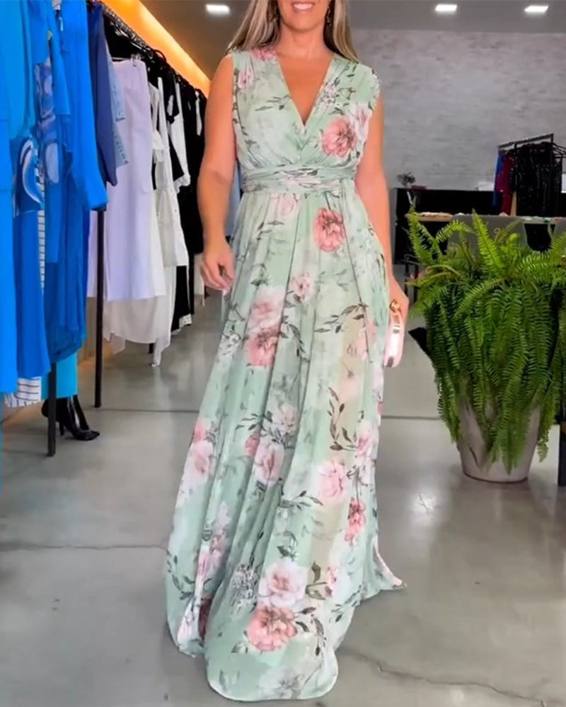 Seraphine | Ermeløs maxikjole i chiffon med blomstermønster og V-hals