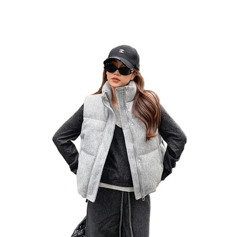Dame Vest 2025 – Kort Dunjakke i Bomull | Koreansk Fashion, Ermeløs & Trendy Vintervest – Grå