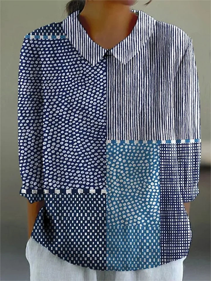 Sienna | Bluse i blå bomull med lappemønster og krage – XS