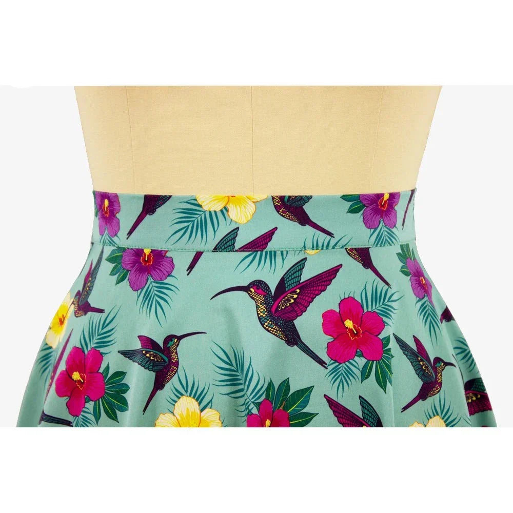 Retro vintageskjørt med blomster- og fugletrykk