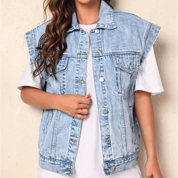 Dame Casual Oversized Denim Vest med Knappefront og Klassiske Brystlommer