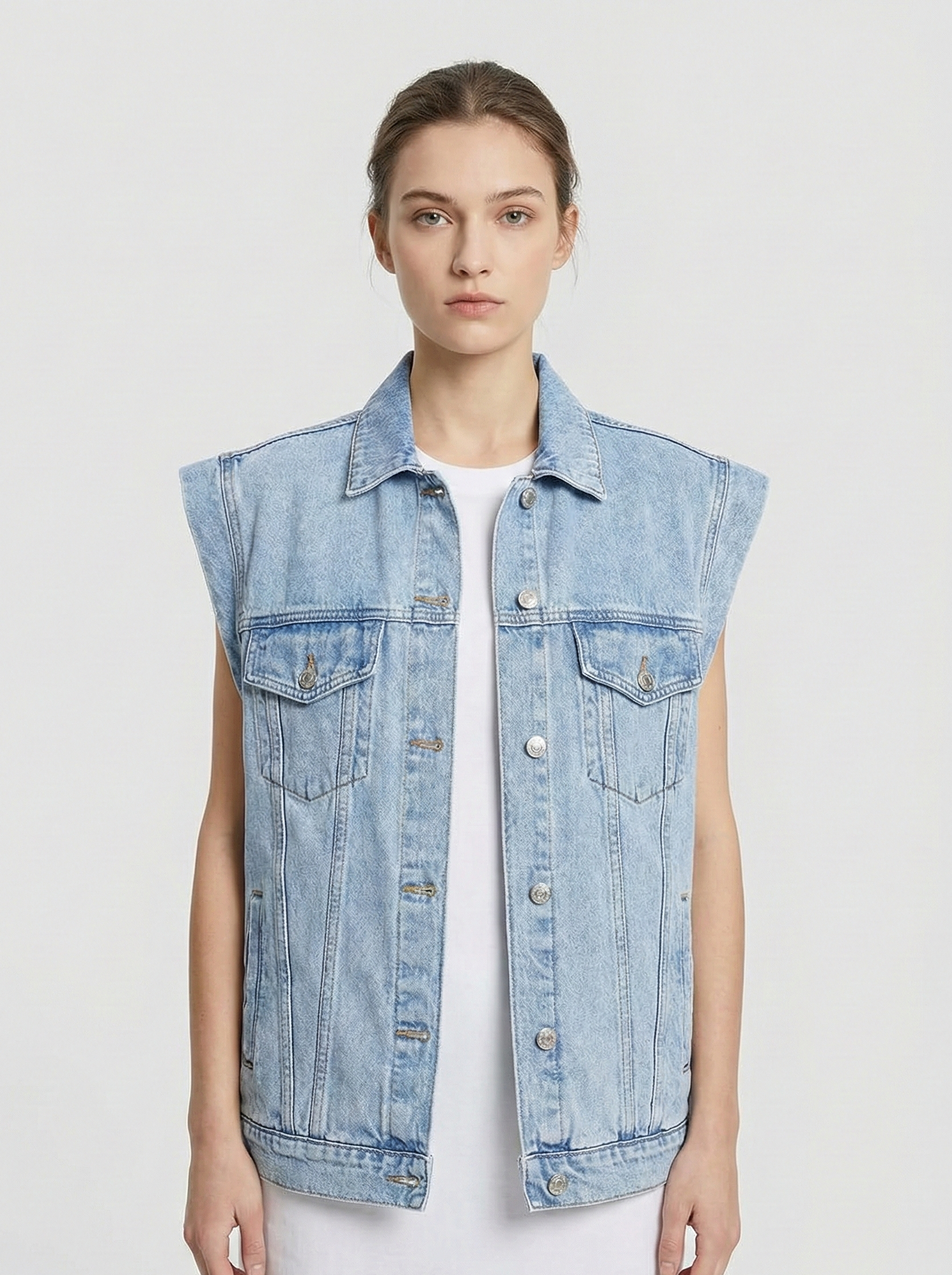 Dame Casual Oversized Denim Vest med Knappefront og Klassiske Brystlommer