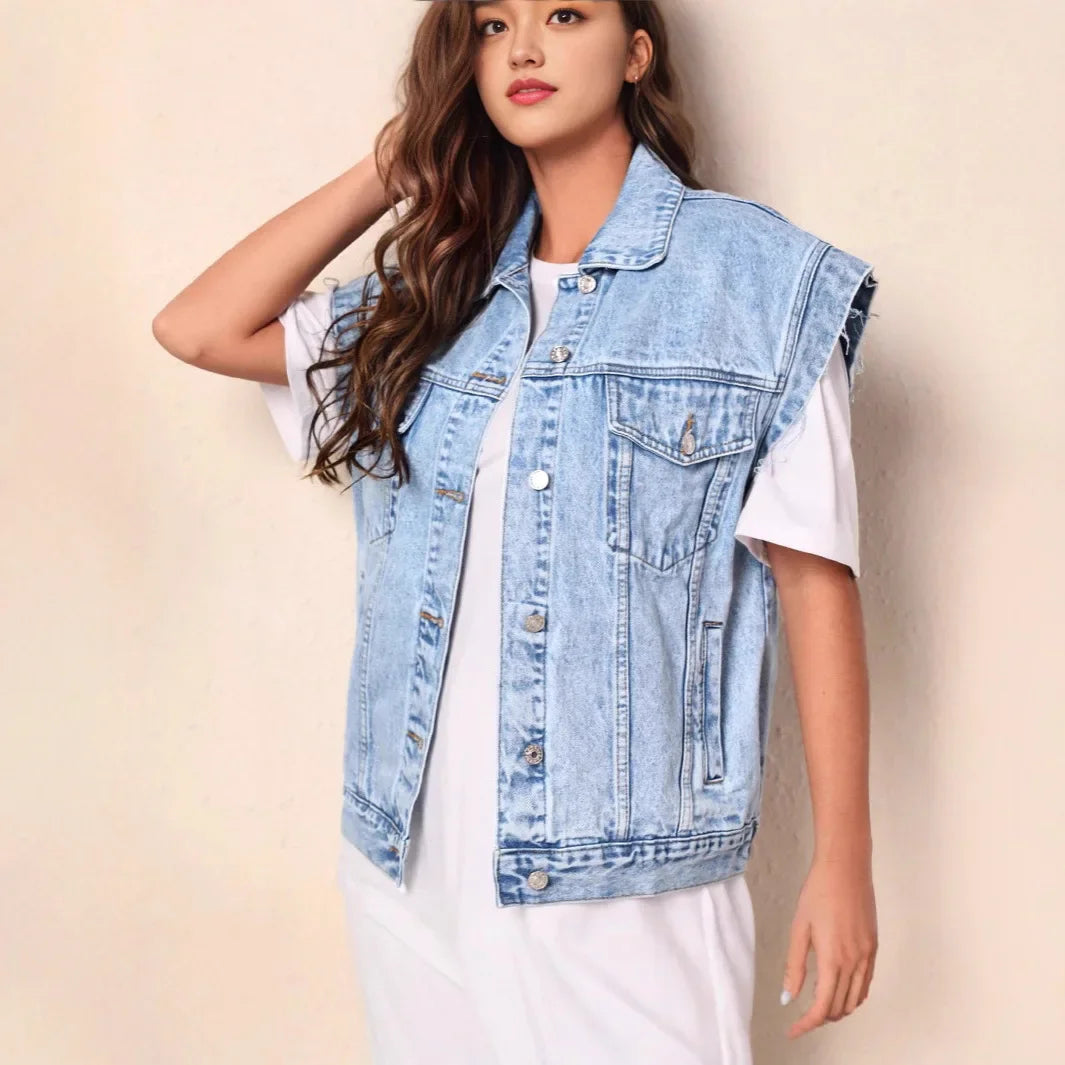 Dame Casual Oversized Denim Vest med Knappefront og Klassiske Brystlommer