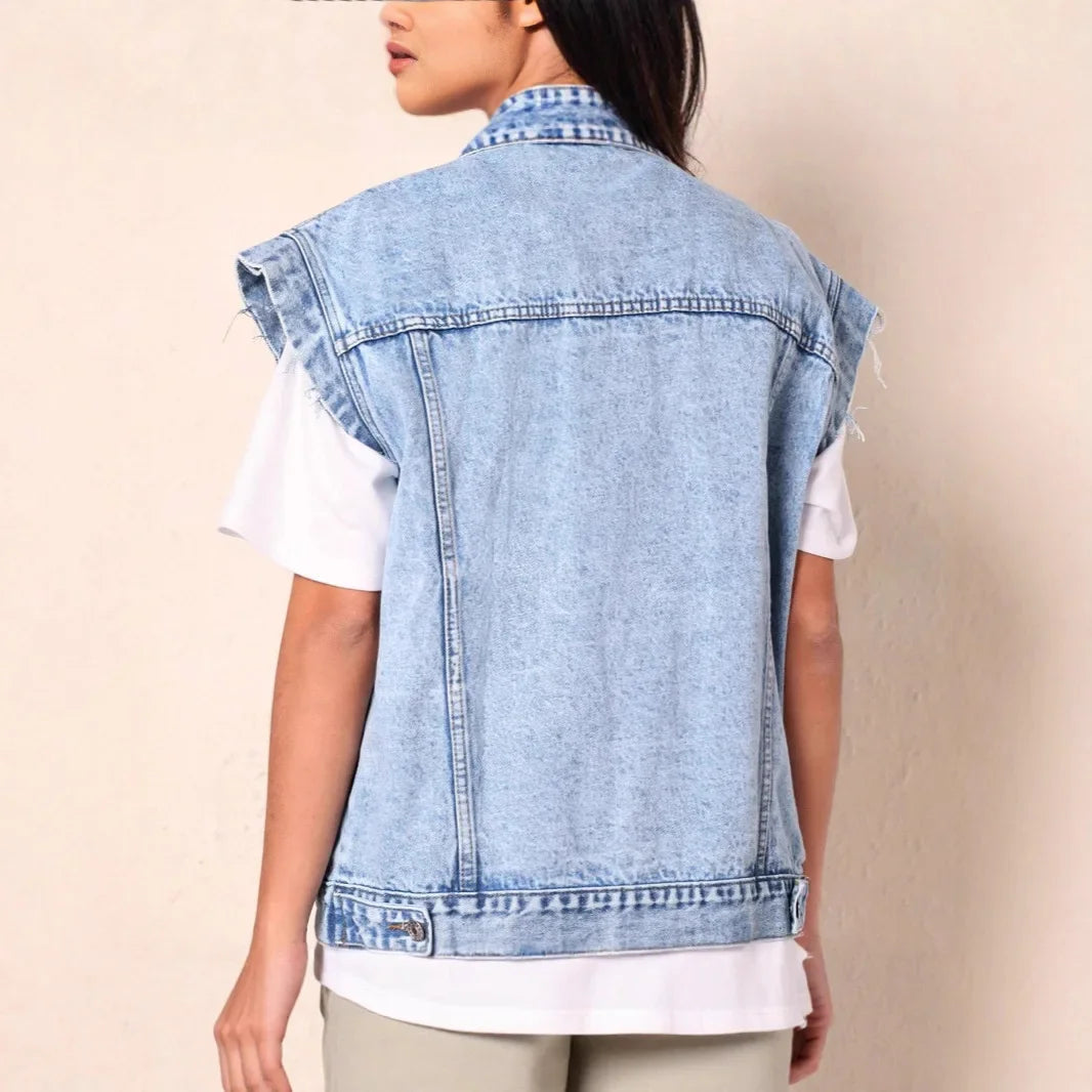 Dame Casual Oversized Denim Vest med Knappefront og Klassiske Brystlommer