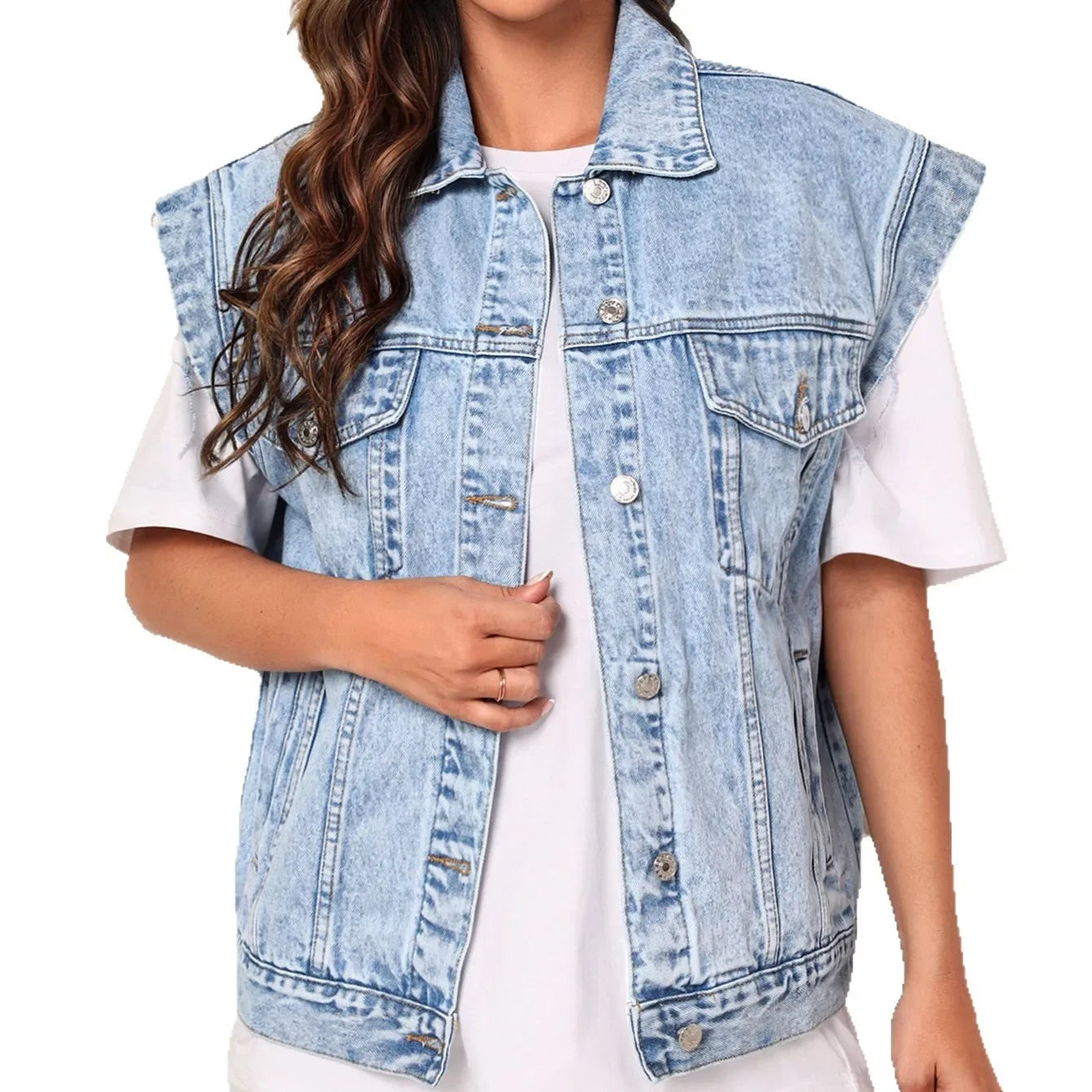 Dame Casual Oversized Denim Vest med Knappefront og Klassiske Brystlommer