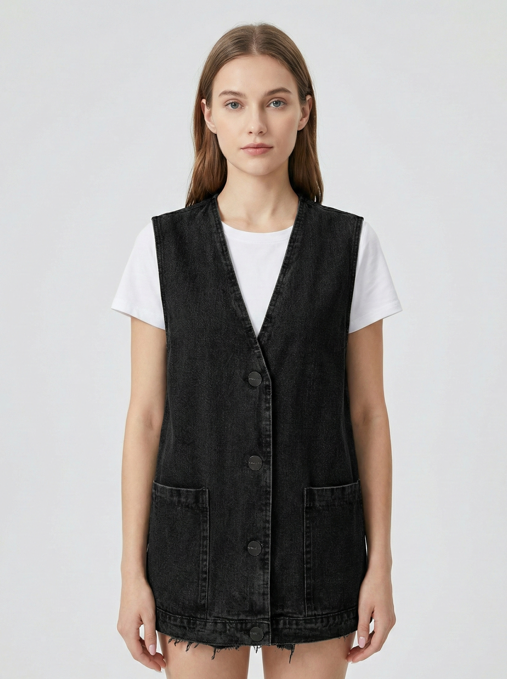 Kvinnes Minimalistiske Denim Vest med Ermeløs Design og Avslappet Passform