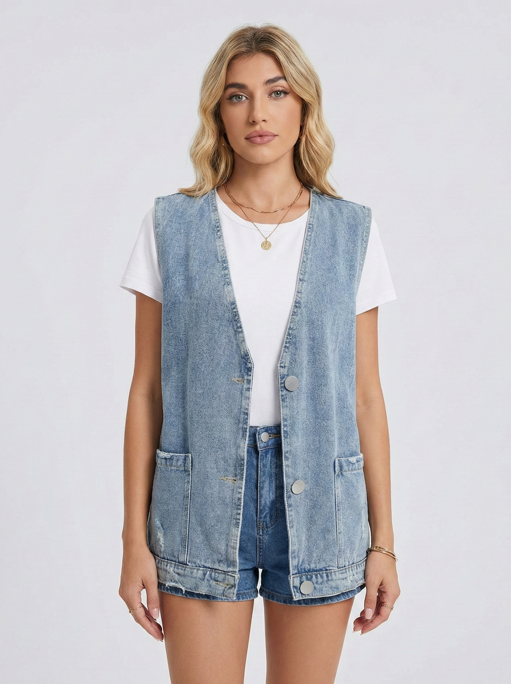 Kvinnes Minimalistiske Denim Vest med Ermeløs Design og Avslappet Passform