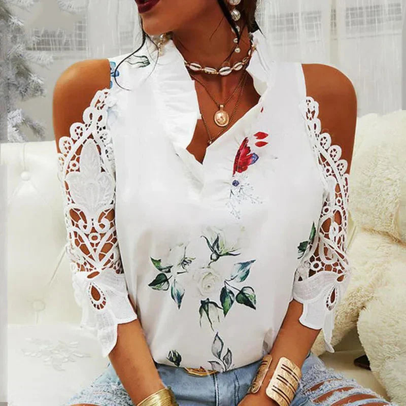 Elegant bluse med blomstermønster og V-utringning
