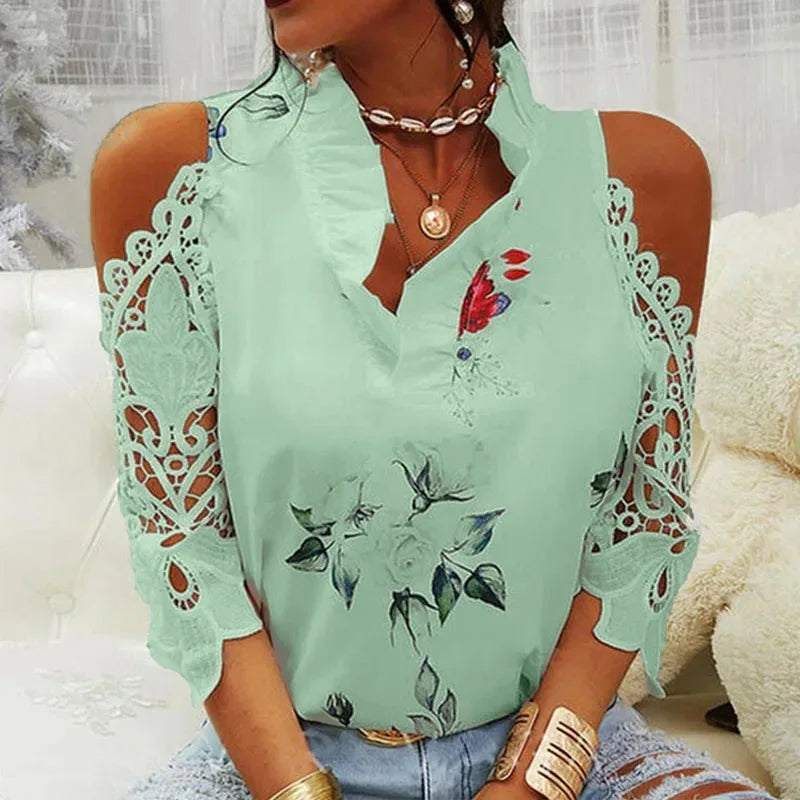 Elegant bluse med blomstermønster og V-utringning