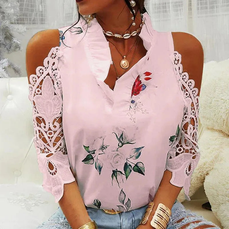 Elegant bluse med blomstermønster og V-utringning