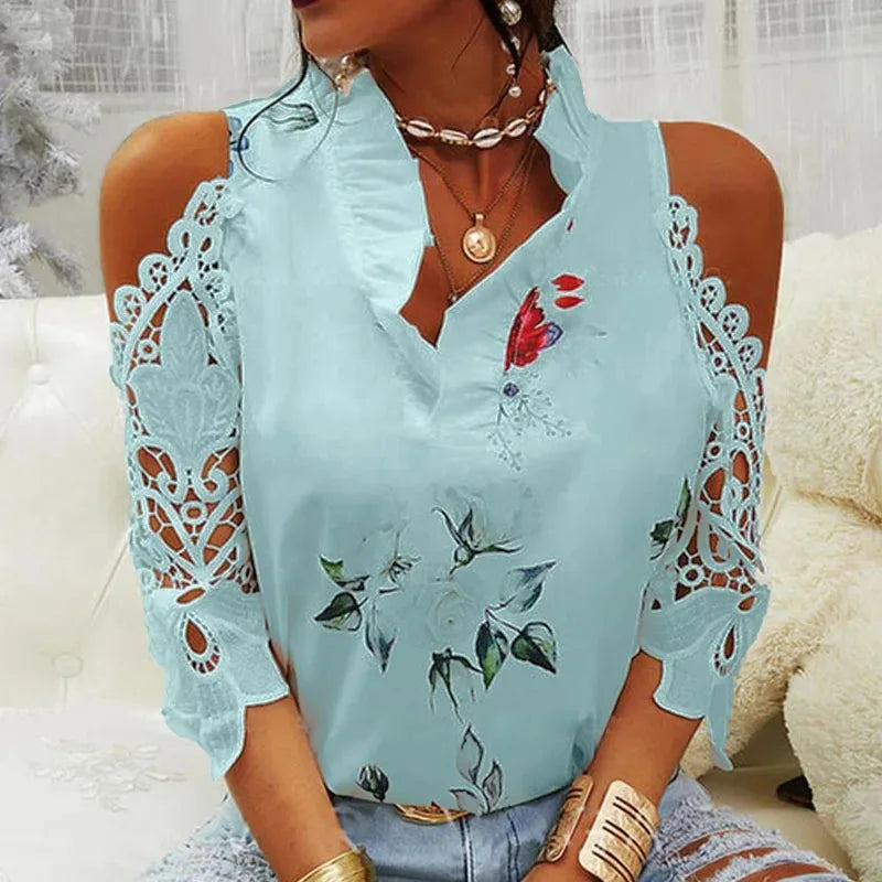 Elegant bluse med blomstermønster og V-utringning