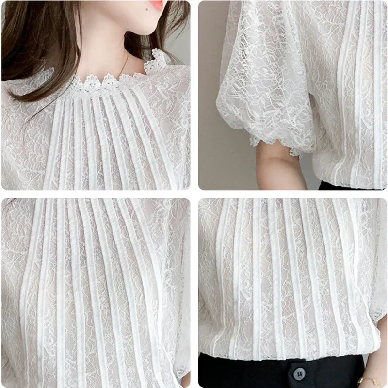 Hvit bluse med ståkrage og blonder