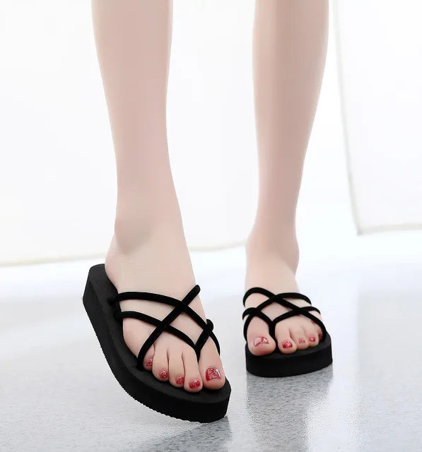 flip-flops med høy hæl, overdel i stoff, EVA-såle
