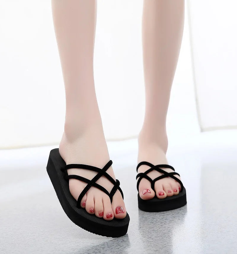 flip-flops med høy hæl, overdel i stoff, EVA-såle