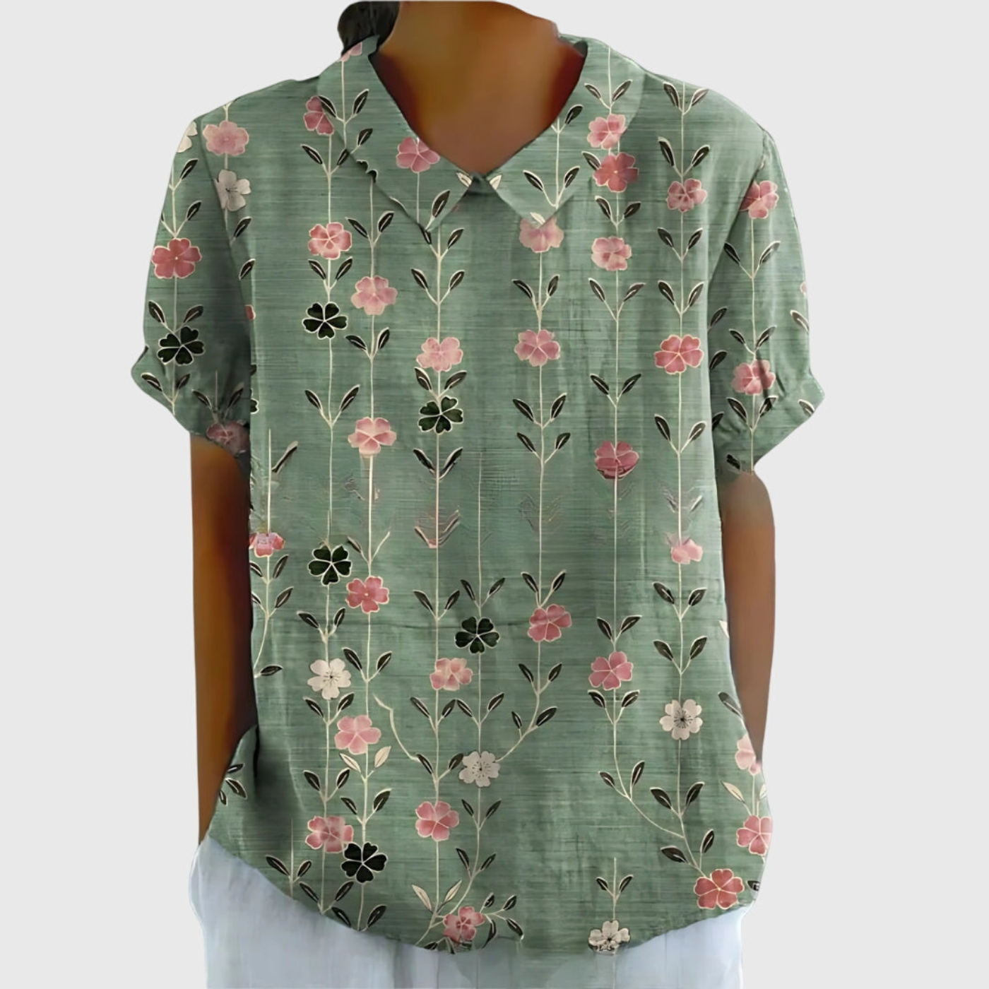 Thea | Kortermet bluse i lin med blomstermønster og krage