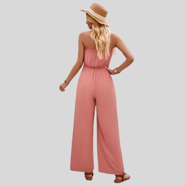 Jumpsuit uten skuldre og med bindebånd i midjen