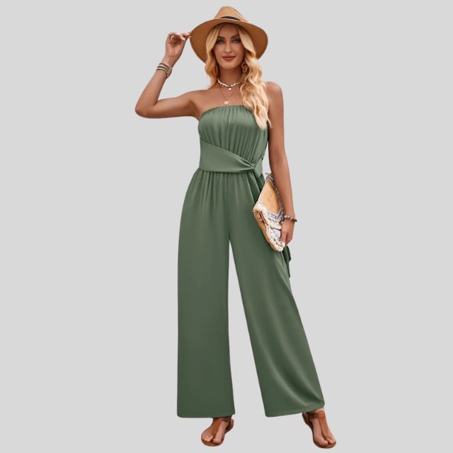Jumpsuit uten skuldre og med bindebånd i midjen