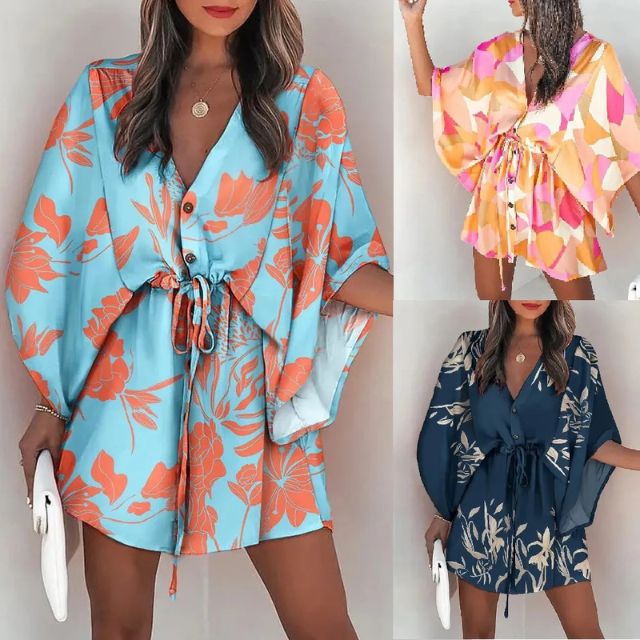 Giselle Boho skjortekjole med V-hals og blomstertrykk