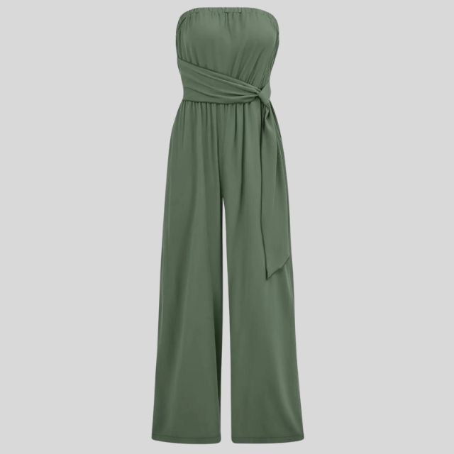 Jumpsuit uten skuldre og med bindebånd i midjen