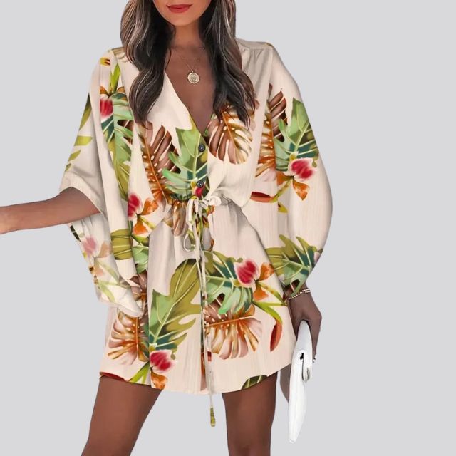 Giselle Boho skjortekjole med V-hals og blomstertrykk