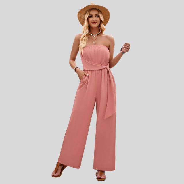 Jumpsuit uten skuldre og med bindebånd i midjen